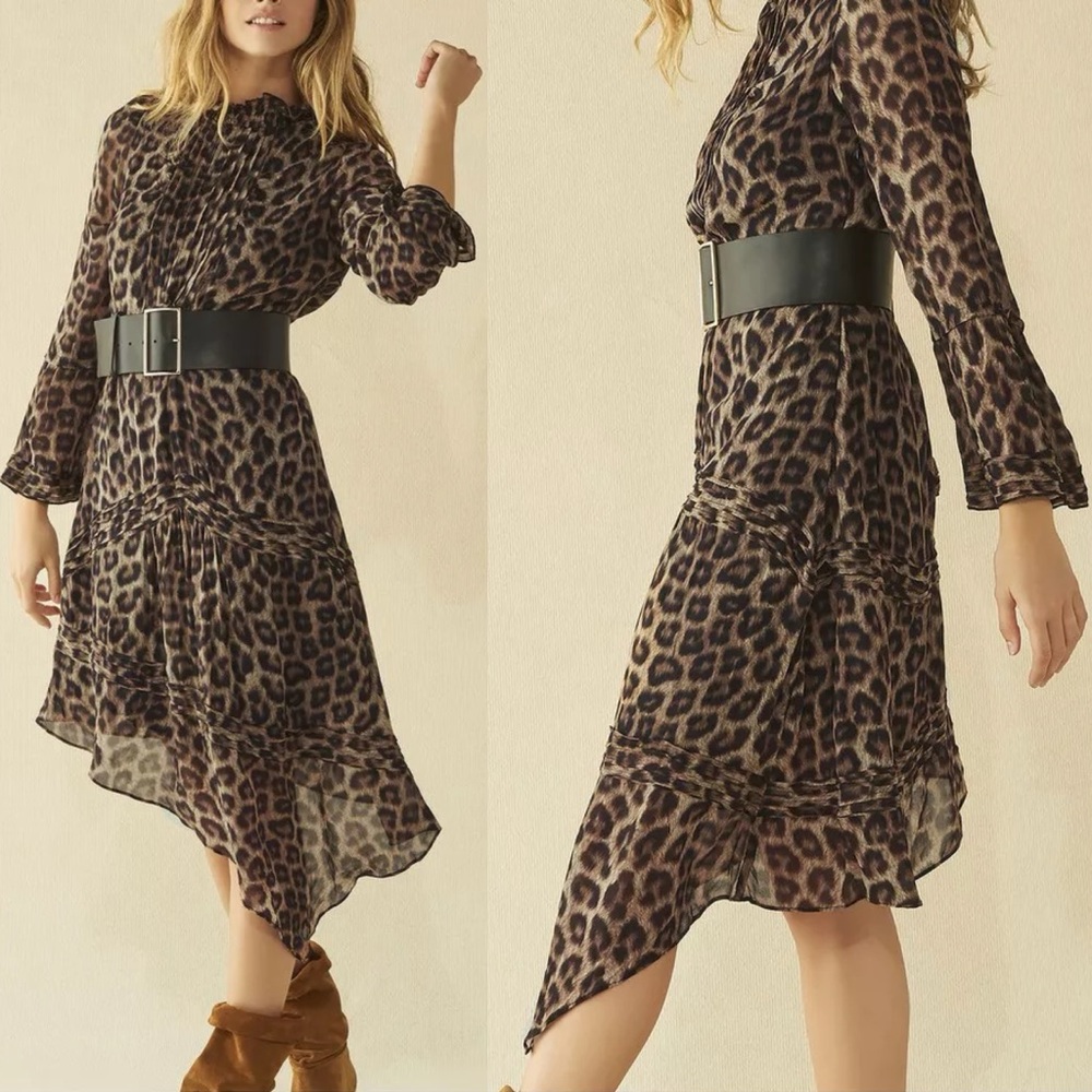 ba&sh Flaura Leopard Long Sleeve Asymtric MIDI Dress, US Size 6